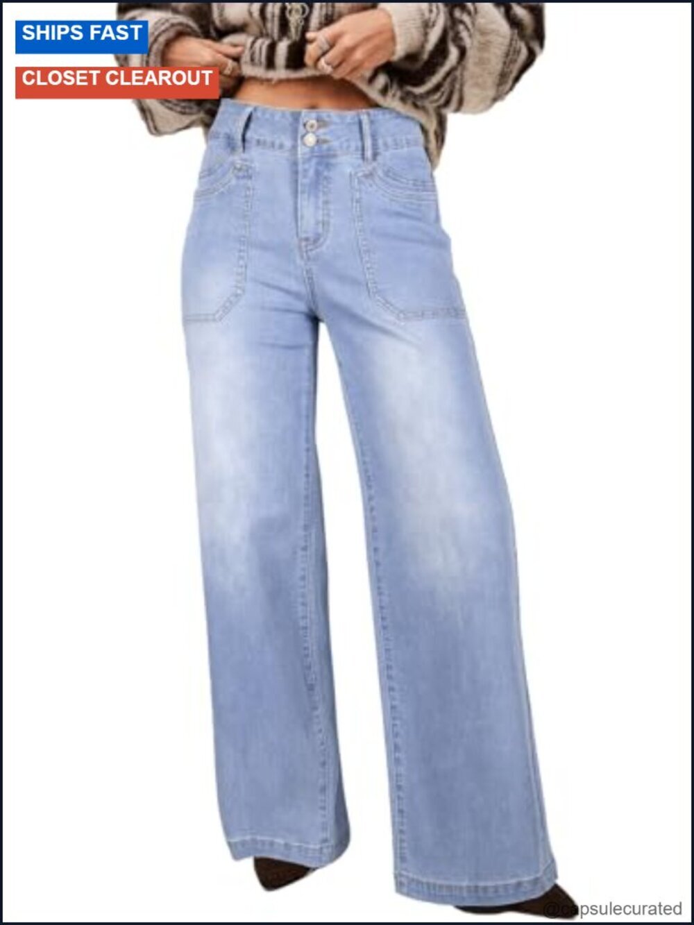High Waisted Wide Leg Jeans Stretch Denim Patch Pockets